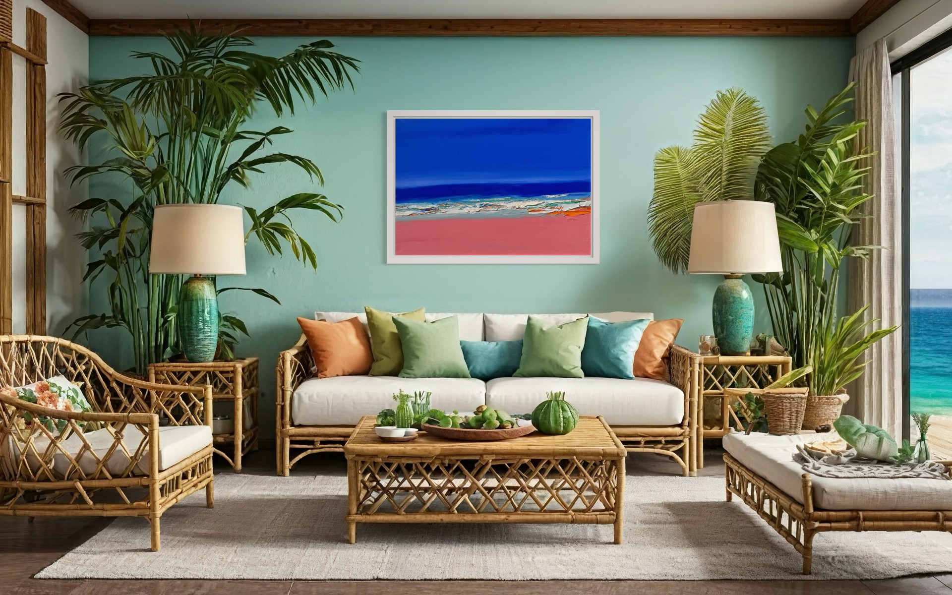 Mise en situation, Tableau marin contemporain de Francis Eck, peinture au couteau en bleu profond et rose vif, représentant une mer caribéenne, accroché dans un salon tropical avec vue sur l’océan. — Entre ciel et terre